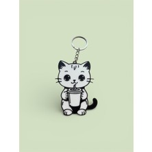 Portal 3d Port.al Kahve Bardağı Tutan Kedi Figürlü 3D Tasarım Anahtarlık - Beyaz - Pla Malzeme