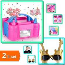 Hereveoyuncak Elektrikli Balon Şişirme Makinesi + Altın Renk Gitar Şekilli Parti Gözlüğü 1 Adet - 2li Set Z7R5C7