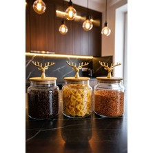 Jenisa 3’lü Bambu Kapaklı Cam Kavanoz Seti - Metal Geyik Figürlü Saklama Kabı 635CC