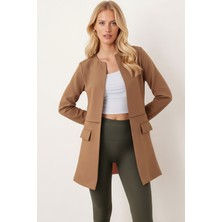 Armonika Kadın Açık Kahve Beli Dikişli Uzun Ceket ARM-26K001017