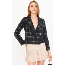 Armonika Kadın Siyah-Bej Kruvaze Yaka Tüvit Crop Ceket ARM-24K001014