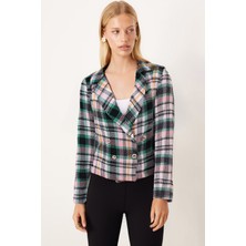 Armonika Kadın Yeşil-Siyah Kruvaze Yaka Tüvit Crop Ceket ARM-24K001014