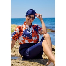 Starinci Mayo Tesettür Mayo Yarı Kapalı Kapaklı Kısakol Turuncu Dev Çiçek