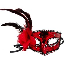 Vanch Kırmızı Renk Yandan Tüylü Güllü Gümüş Taşlı Pullu Maske 20x22 cm (5264)