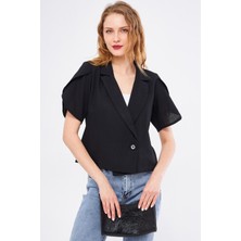 Armonika Kadın Siyah Ikosiokto Ceket Kolu Yırtmaç Detaylı Crop Kısa Kollu ARM-24Y001048