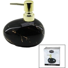 Vanch YATAY TOMBUL SİYAH MERMER DESEN SERAMİK SIVI SABUNLUK GOLD KAPAK (5264)