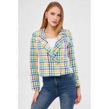 Armonika Kadın Mavi-Sarı Kruvaze Yaka Tüvit Crop Ceket ARM-24K001014