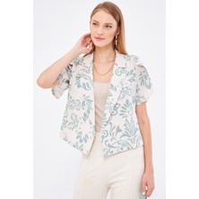 Armonika Kadın Mint Keten Görünümlü Desenli Kolu Yırtmaçlı Crop Kısa Kol Ceket ARM-24Y001095