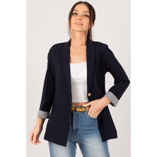 Armonika Kadın Koyu Lacivert Kol Içi Çizgili Ceket Regular Kalıp Pamuk Polyester ARM-22K001122