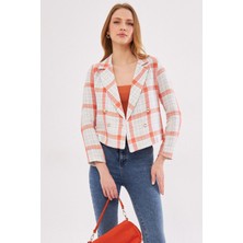 Armonika Kadın Turuncu-Mavi Kruvaze Yaka Tüvit Crop Ceket ARM-24K001014