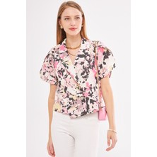 Armonika Kadın Pembe Keten Görünümlü Desenli Kolu Yırtmaçlı Crop Kısa Kol Ceket ARM-24Y001095