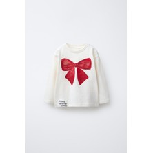 Magu Kız Çocuk Pamuklu Ekru Fiyonk Baskılı Uzun Kollu T-Shirt