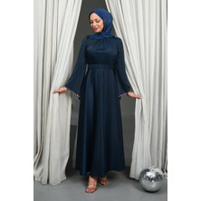 İmaj Butik Lacivert Kolları Taşlı Kuşaklı Saten Abiye