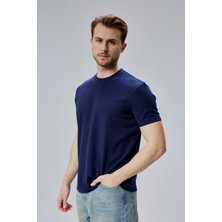 Mooncover Erkek Sıfır Yaka Basic T-Shirt Pamuklu Dokulu Kumaş – Lacivert