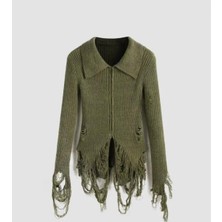 AGM Cıder Düz Yaka Yırtıklı Hırka , Sokak Stili Haki Hırka , Street Fashıon Hırka, Koton Hırka