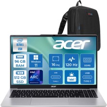 Acer Aspire Lite AL16-71P Intel Core Ultra 5 125H 4.5ghz 96GB Ddr5 512GB SSD Windows 11 Pro Arc Graphics 16" 120Hz IPS Fullhd+ (1920X1200) Taşınabilir Bilgisayar NXDCLEY001P37 + Zetta Çanta