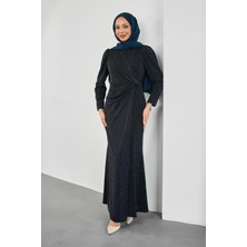 İmaj Butik Lacivert Simli Taşlı Önü Drapeli Abiye