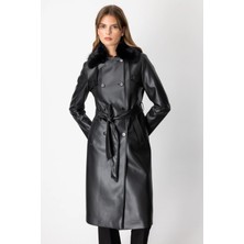 Ekol Yakası Kürklü Deri Siyah Kadın Trençkot 07007