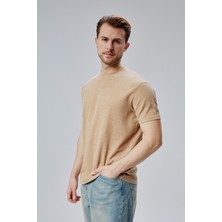 Mooncover Erkek Sıfır Yaka Basic T-Shirt Pamuklu Dokulu Kumaş – Bej