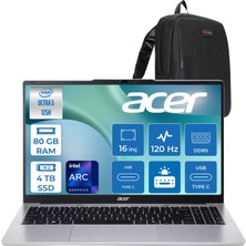 Acer Aspire Lite AL16-71P Intel Core Ultra 5 125H 4.5ghz 80GB Ddr5 4tb SSD Freedos Arc Graphics 16" 120Hz IPS Fullhd+ (1920X1200) Taşınabilir Bilgisayar NXDCLEY001F35 + Zetta Çanta