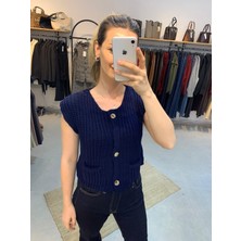 Ecenin Favorileri Kolsuz Örme Cepli Düğme Detaylı Mavi Kadın Yelek