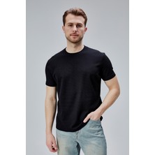 Mooncover Erkek Sıfır Yaka Basic T-Shirt Pamuklu Dokulu Kumaş – Siyah