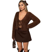 Kechi Woman Bağlamalı Kahve Renk Sakallı Triko Hırka