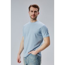 Mooncover Erkek Sıfır Yaka Basic T-Shirt Pamuklu Dokulu Kumaş – Mavi