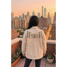 Asist 426 Taş Işleme Detaylı Nakışlı Cepli Oversize Kadın Kot Ceket Bej