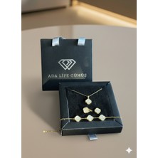 Ada Life Gümüş (Çantalı KUTULU)925 Ayar Gümüş Beyaz Taşlı 3 Lü Yonca Set Gold