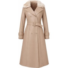 Esin Giyim Kürk Yakalı Kemerli Bej Suni Deri Kaban