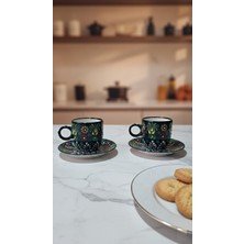 RGS Homelife 2'li El Yapımı Türk Kahvesi Fincan Seti, Seramik 4 Parça 2 Kişilik Kahve Fincan Takımı Yeşil