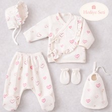Yenidoğan Kalp Desenli Fiyonklu Kız Bebek 5 Parça Kutulu Set Bebek Doğum Hediyesi Hastane Çıkışı