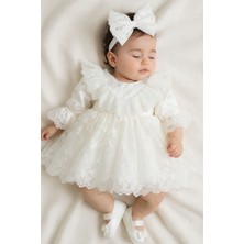Beyaz Dantelli Kız Bebek Hastane Çıkışı Özel Gün Elbisesi 3 Parça Takım Saç Bandı ve Ayakkabılı