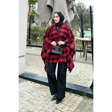 Tesettür Diyarı Ekose Desen Loren Kemerli Kaşe Panço- Siyah Bordo Standart (36-46 Uyumlu)