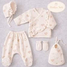 Yenidoğan Kalp Desenli Fiyonklu Kız Bebek 5 Parça Kutulu Set Bebek Doğum Hediyesi Hastane Çıkışı