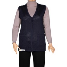 Hermevsim Hesna Kadın Yakut Triko Ajurlu Cepli Düğmeli Yırtmaçlı Lacivert Yelek