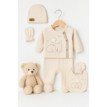 %100 Organik Pamuk 5’li Yenidoğan Bebek Takımı – Ayıcık Nakışlı Bej Ribana Set