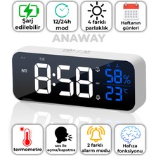 Anaway Shopping LED Dijital Masa Saati Sıcaklık ve Nem Göstergeli Şarjlı 2 Alarmlı Erteleme Fonksiyonu 4 Seviye Parlaklık
