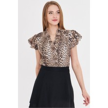 Armonika Kadın Fırfırlı Bluz Kahve Normal Yaka Pamuk Polyester Elastan Regular Kalıp