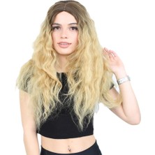İlkyaz Fashion Kabarık Dalgalı Uzun Fiber Sentetik Peruk - Kumral / Sarı Ombreli ILKYZ-PRK34