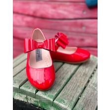 Surpie Shoes Kız Çocuk Fiyonk Detaylı Ortopedik Babet Kırmızı Suni Deri Düz Taban