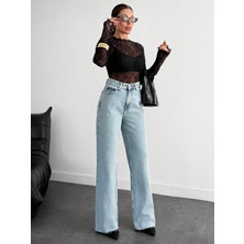 Açık Mavi Yüksek Bel Bol Paça Jean Pantolon