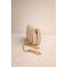 Rafya Ipten El Örmesi Omuz Çantası - Golden Metal Askılı - Bej