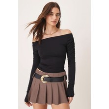 Armonika Kadın Siyah Kolları Büzgülü Crop Bluz ARM-26K042015