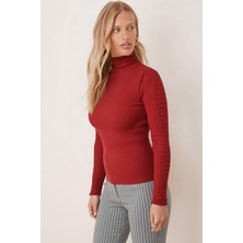 Armonika Kadın Nar Çiçeği Balıkçı Yaka Kolu Şeritli Yumuşak Dokulu Bluz ARM-26K001043