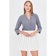 Armonika Kadın Gri V Yaka Çeyrek Kol Bluz ARM-25Y001024 Pamuk - Polyester - Elastan Regular Kalıp