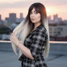 İlkyaz Fashion Fiber Sentetik Uzun Düz Kahküllü Peruk - Küllü Siyah / Platin Ombreli ILKYZ-PRK34