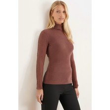 Armonika Kadın Açık Kahve Balıkçı Yaka Kolu Şeritli Yumuşak Dokulu Bluz ARM-26K001043