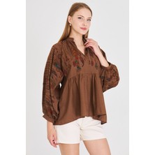 Armonika Kadın Kahve Hakim Yaka Balon Kol Bluz ARM-25Y001052